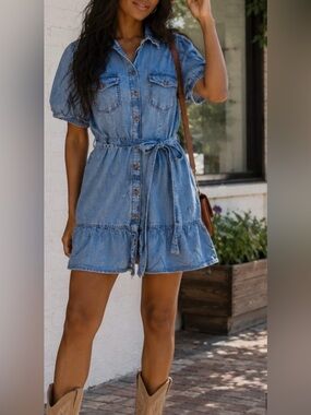 Tie-Waist Denim Mini Dress in Light Blue